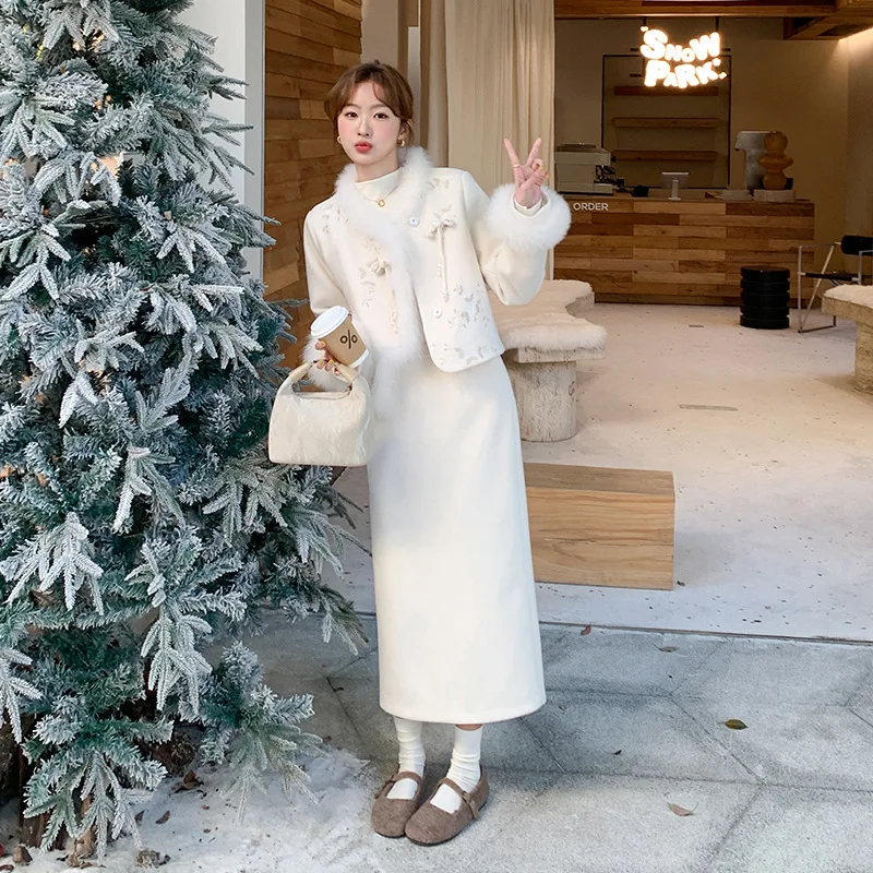 

Зимний комплект в национальном стиле с вышивкой, женский модный новый пуховик из лисьего меха в китайском стиле + однотонная утягивающая длинная полуюбка