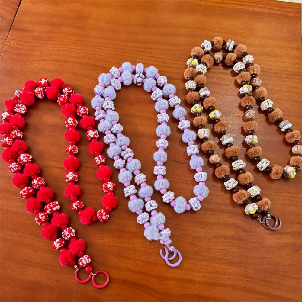 New Plush Long Mobile Phone Lanyard Universal Colorful Crossbody Bag Chain Hand-painted Beaded Phone Charm Rope