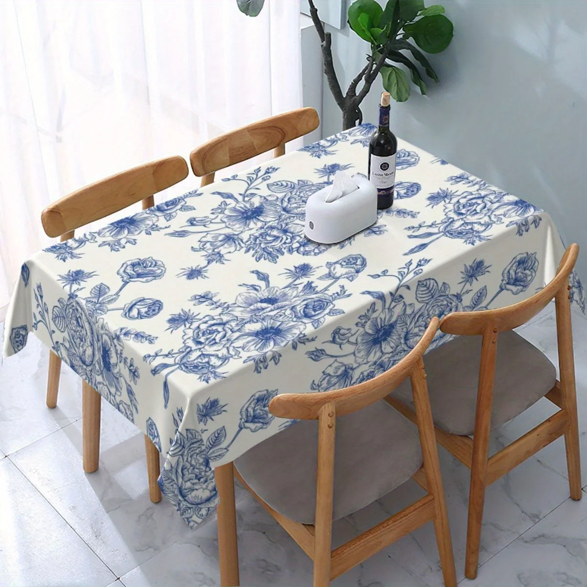 Attractive blue floral pattern rectangular tablecloth - washable nylon