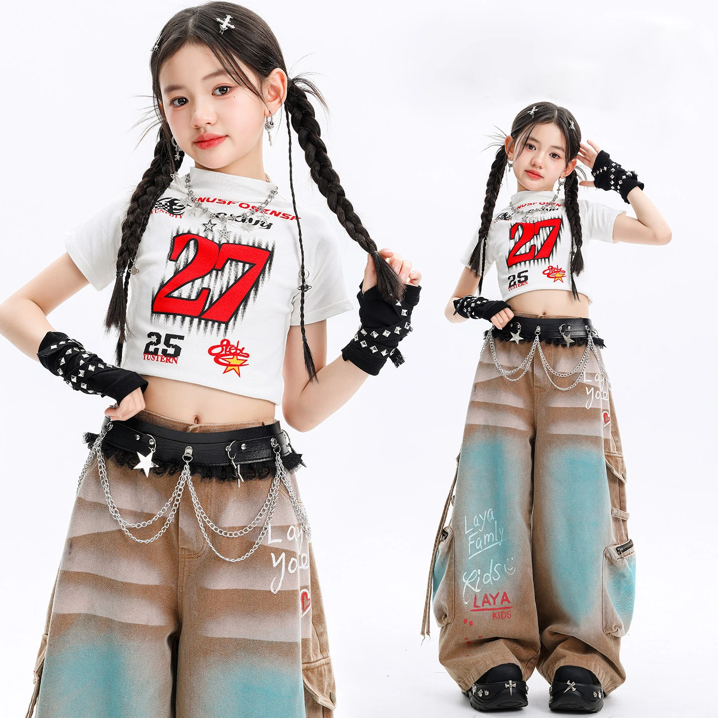 

Kid Kpop Hip Hop Clothing White Mock Neck Racing Crop T Shirt Coffee Blue Wide Strap Cargo Pants for Girl Street Dance Costumes