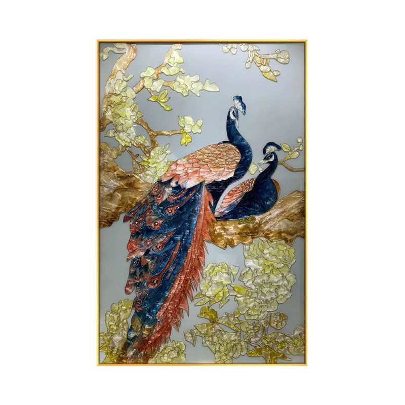 Handmade Enamel Metal Modern Animal Double Peacock Art Mural Luxury Living Room Sofa Background Wall Painting Bedroom Entrance