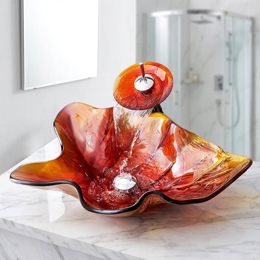 j* Bathroom Modern Tempered Glass Leaf Shape Hand Wash Basin Cabinet Eco-Friendly Easy Clean Features Counter Installation
