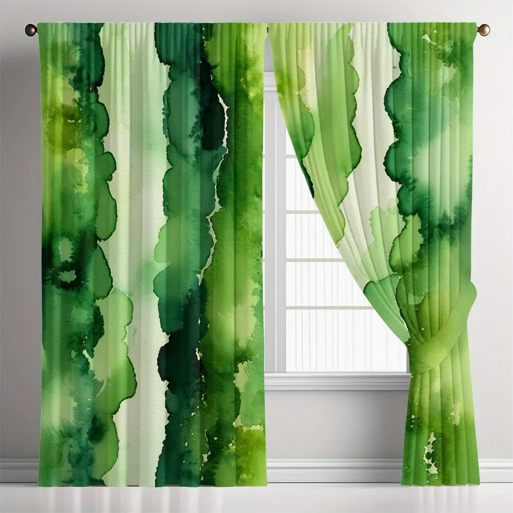 2pcs Green Watercolor Curtains Vertical Stripe Rod Pocket Polyester Light Filtering Modern Art Living Room Bedroom Kitchen Decor
