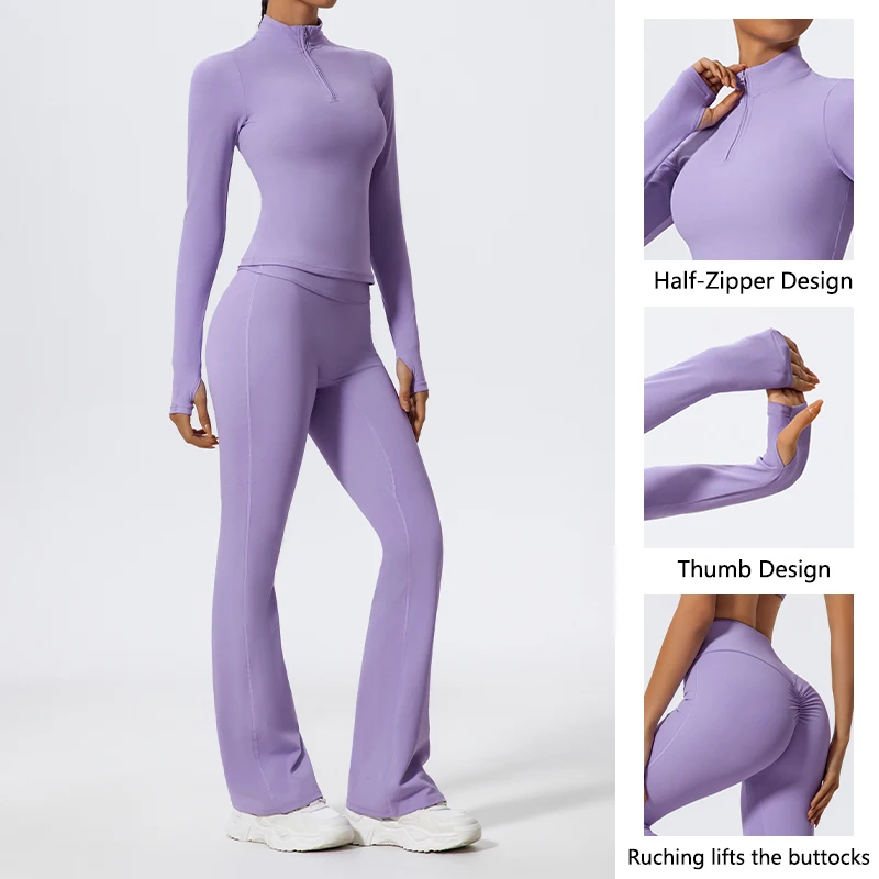 Ctenkevet New Women High Waist Yoga Set Two-Piece Gym Half Zipper Top Sports Suit Female Workout Flared Pants Sport Outfit