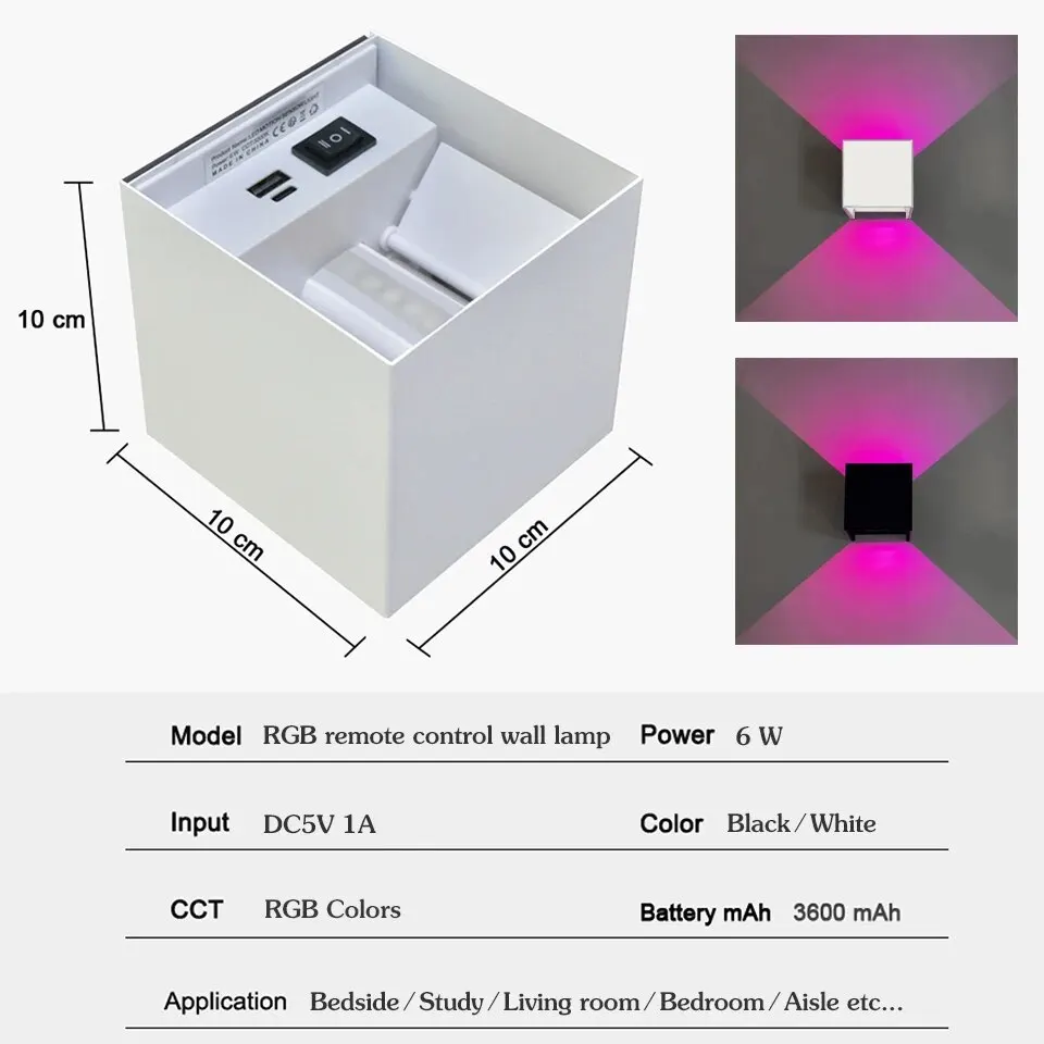 LED Square Remote-Controlled Wall Lamp 6W With Battery USB Charging Indoor Background Wall Living Room Corridor Atmosphere Light