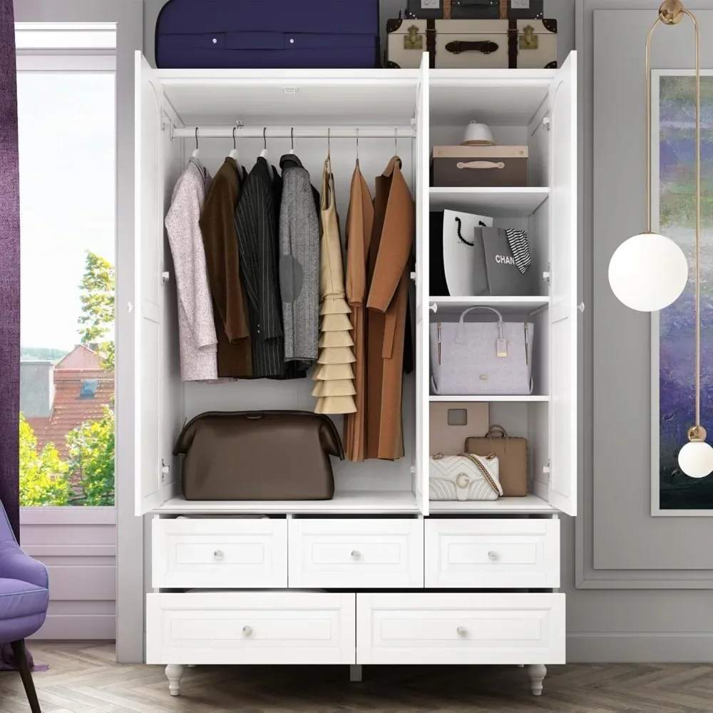 White wardrobe, wooden wardrobe with mirror, 5 drawers, 3 doors and shelves, 4-storey storage cube, and bedroom hanging pole