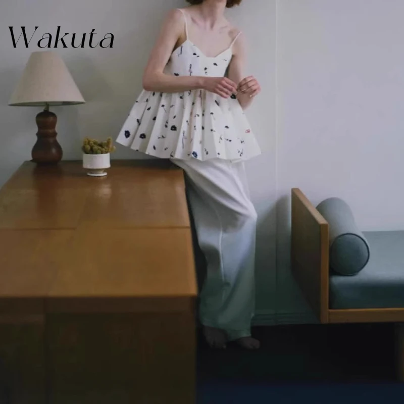 

WAKUTA Japanese Niche Design Sweet Age Reducing Print Pleated Pure Desire Style Camis Summer Dopamine Spicy Girl Tops 민소매 티 여성