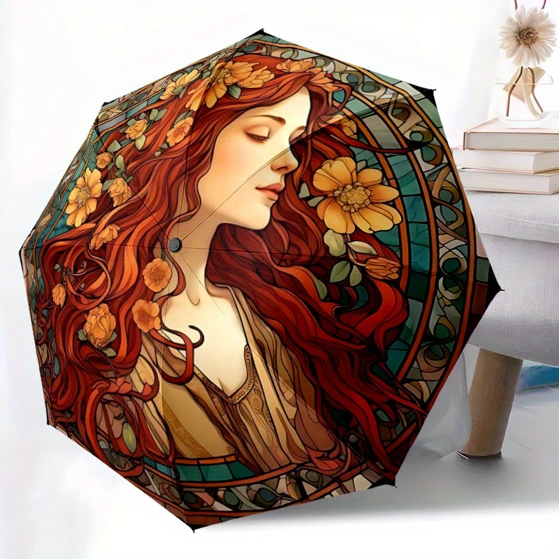 

1pc Floral Portrait Automatic Open/close Folding Compact Umbrella, 8-Rib Sturdy Canopy, Lightweight Portable, Everyday Use, Gi