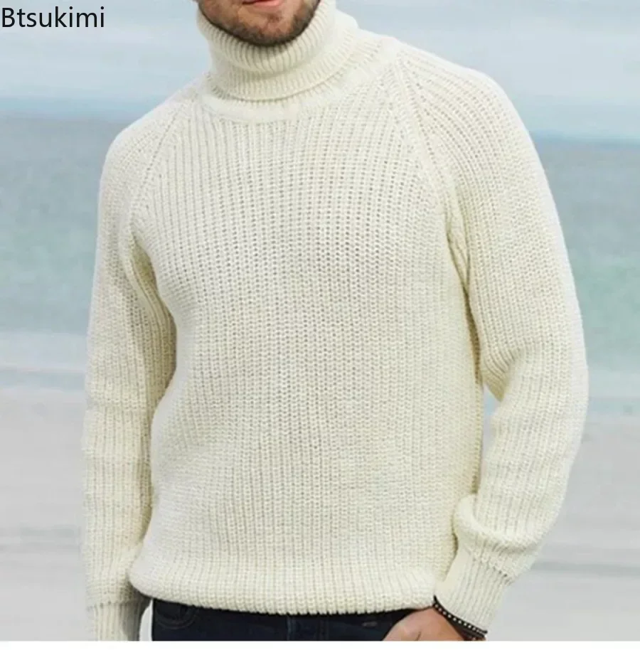 2024Men\'s Thick Warm Turtleneck Sweater Solid Autumn Winter Retro Knitted Sweaters Simple Men Elastic Pullovers Loose Casual Top