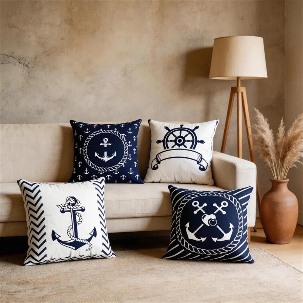 4pcs Nautical Anchor and Heart Pattern Throw Pillow Covers - Soft Polyester, Insert Not Included - Perfect for Sofa,Bed