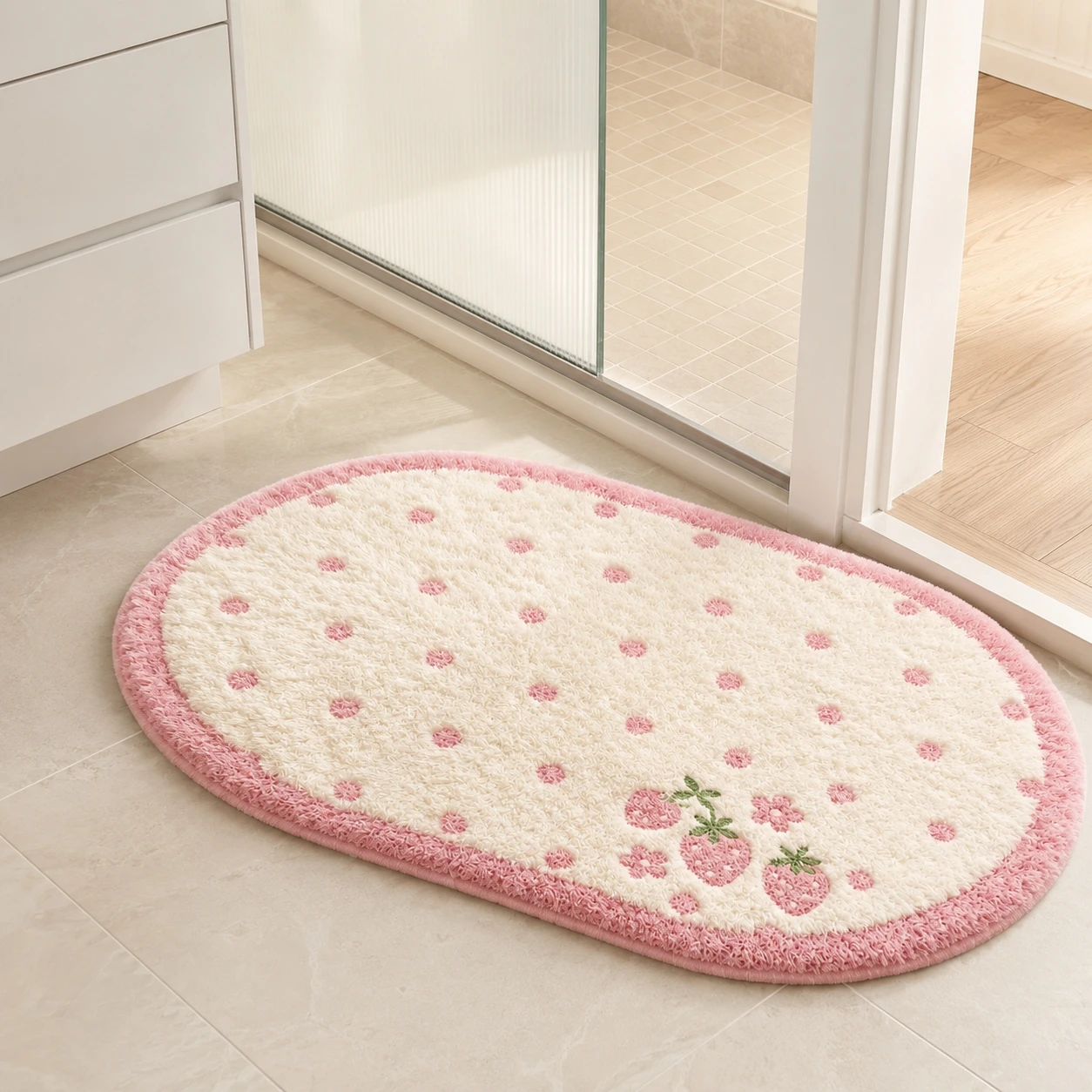Pink Strawberry Plush Bath Mat, Cute Polka Dot Absorbent Non-Slip Bathroom Rug for Shower Door Bedroom
