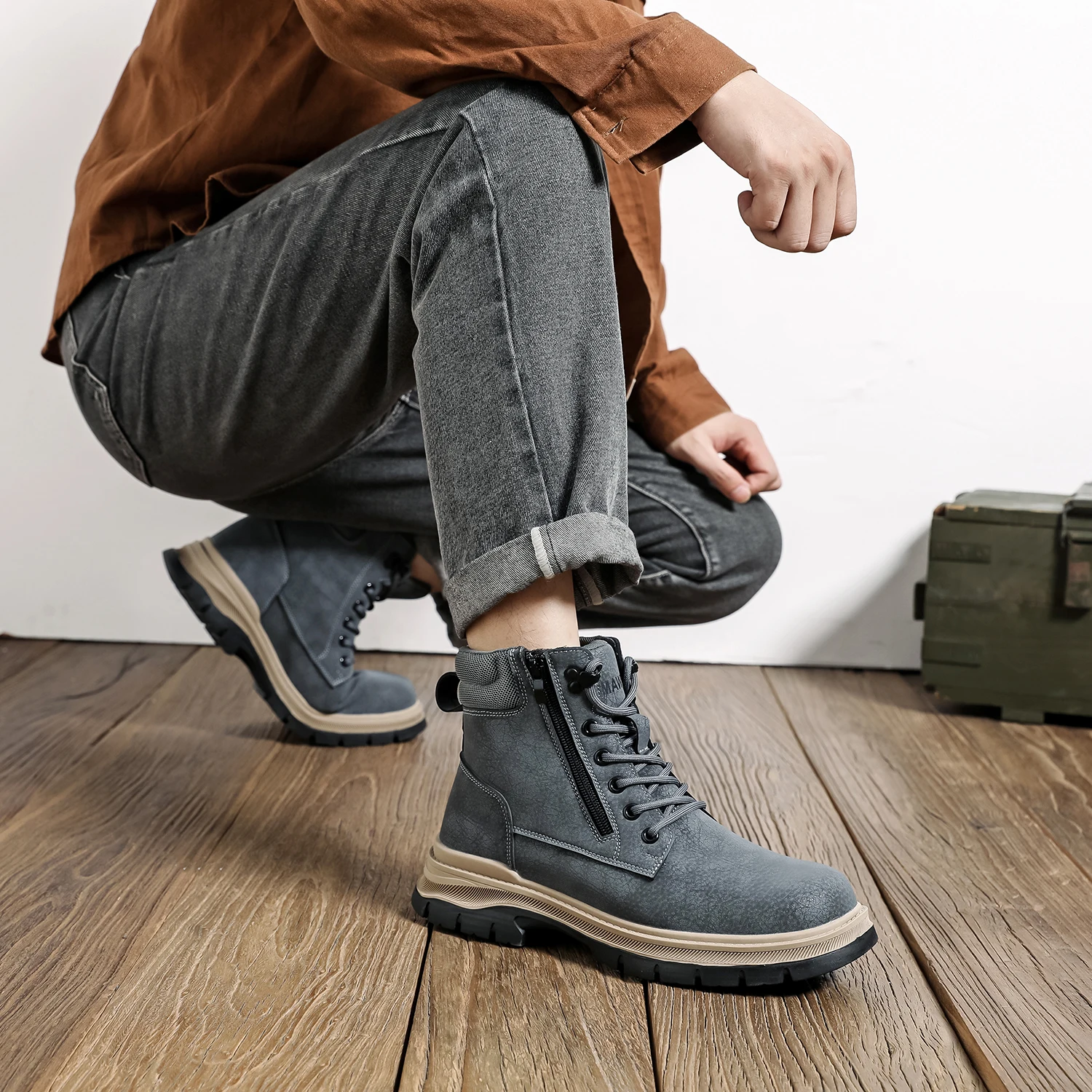 Sicherheitsstiefel Braun Wasserdicht Herren Stahlkappenschuhe Arbeit Anti-Drop Anti-Piercing Starke langlebige Schutzschuhe Unzerstörbar – Detail 11