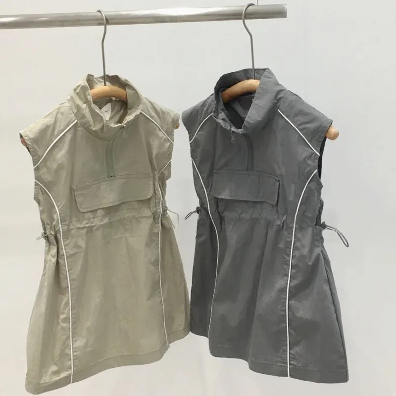 

New girls' summer dress children's zipper stand up collar western-style drawstring waist cinching dress