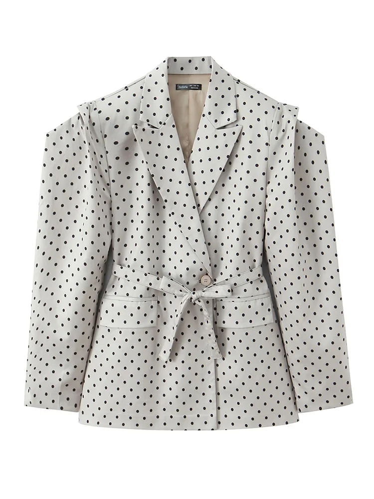 

HH Women Fashion Retro Lapel Polka Dot Irregular Sleeve Blazer Female Elegant Commuting Casual Long Sleeve Belted Jacket Mujer