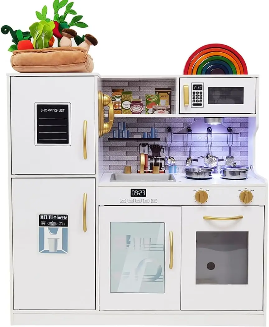 Ensemble de jouets de cuisine en bois avec lumière pour enfants, jouets de simulation pour enfants, évier, four, micro-ondes, cuisine