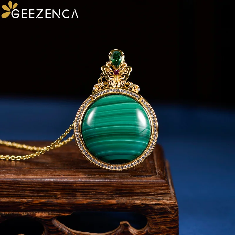 GEEZENCA Vintage Natural Malachite 925 Silver Big Pendant For Necklace Luxury Pave Setting Zircon Gemstone Pendants No Chain