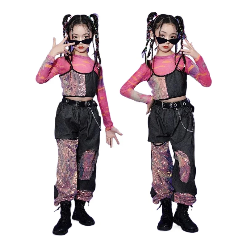 Children's Sequined Hip-hop Costumes Girls' Hip-hop Trendy Costumes Jazz Dance Navel-baring Suits Model Stage Catwalk Clothes