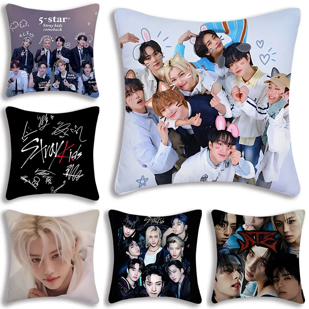 K-Kpop Pillow Covers Cartoon Sofa Decorative Home Double-sided Printing Short Plush Cute Cushion Cover S-Strays Cartoon-K-kids