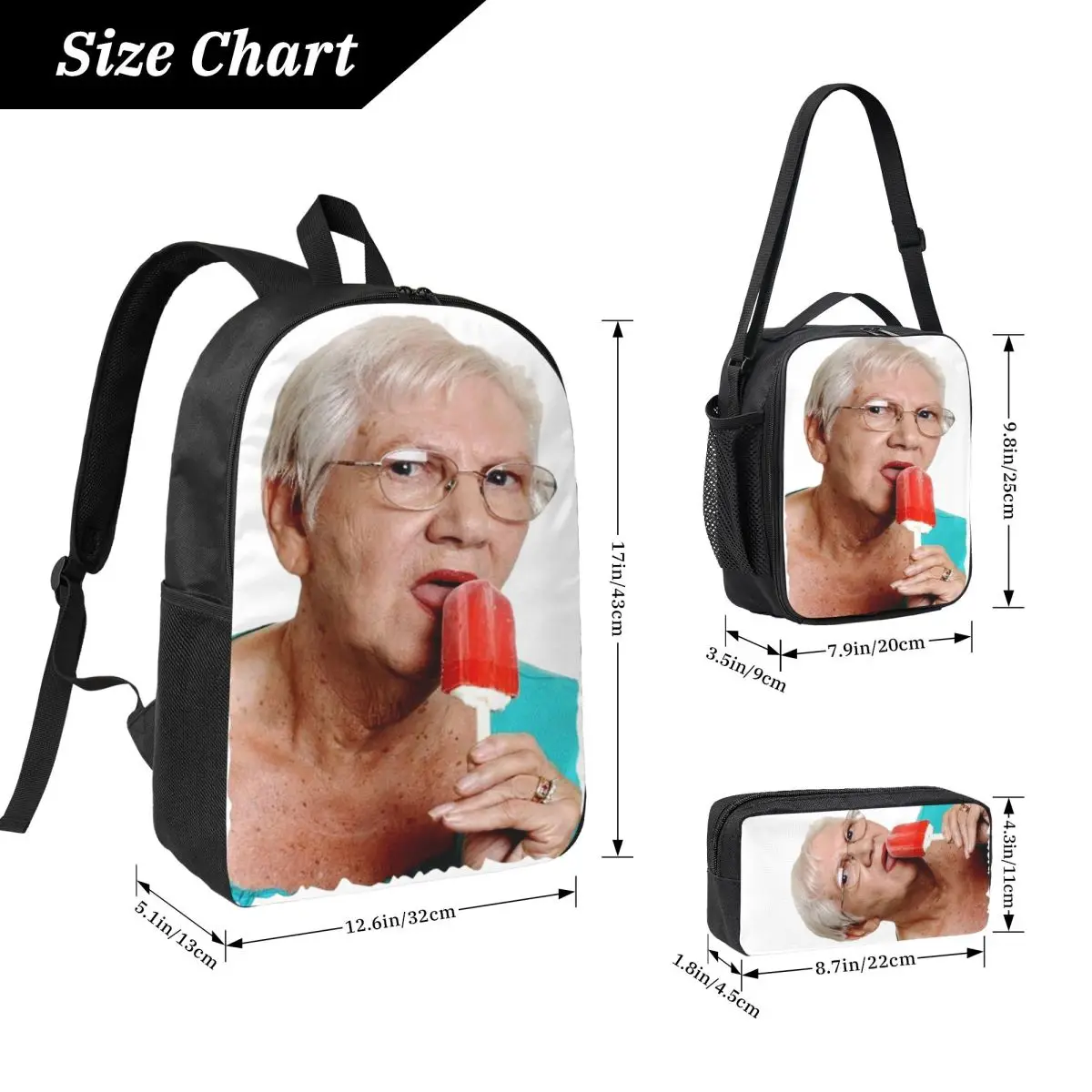 Grandma Granny Ice Cream Backpack Student Boy Girl BookBag School Bag Computer Shoulder Bags 3ps Insulated Lunch Bag Pencil Case