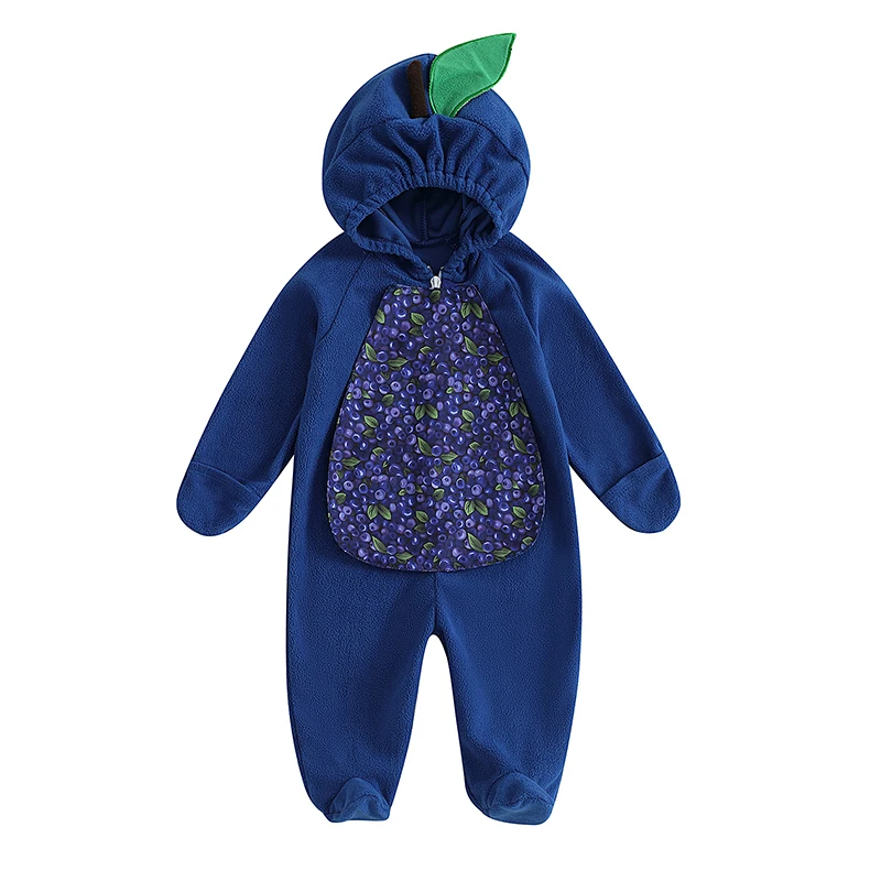 Baby Blueberry Costume Winter Warm Long Sleeve Hooded Romper Cute Halloween Footie Jumpsuit