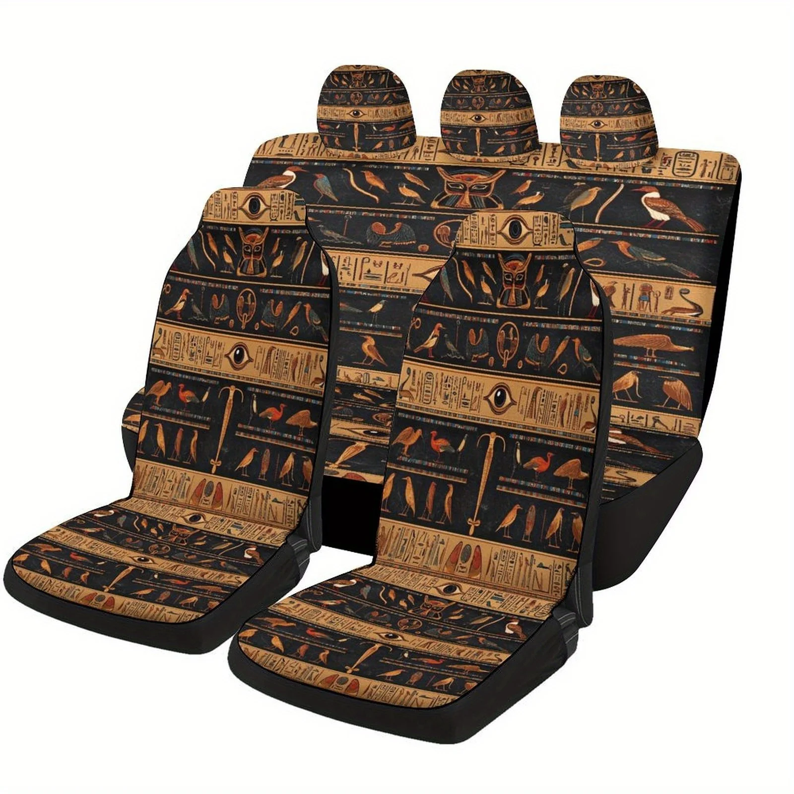 Set Of Car Seat Covers Featuring Egyptian Hieroglyphic Art, Suitable For Various Vehicles. Stylish And Unique, These Decorative