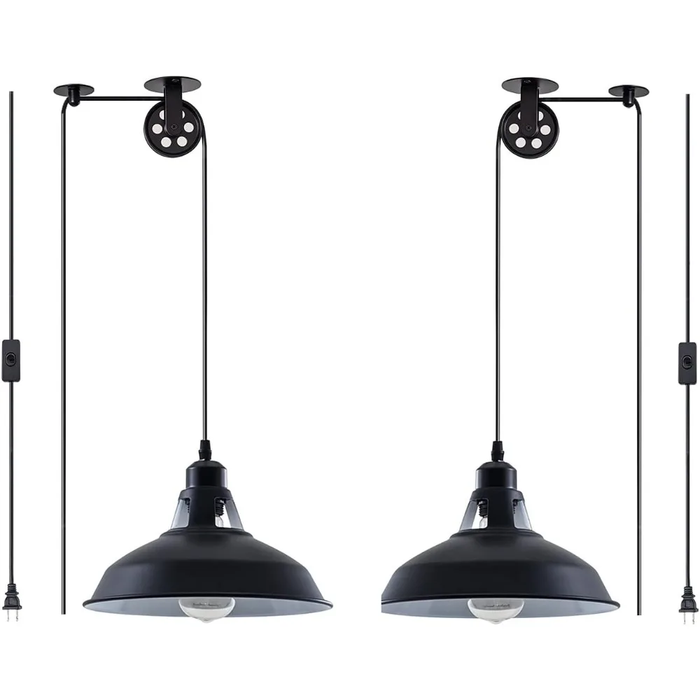 

Industrial Vintage Pendant Light with Pulley, E26 Socket, On/Off Switch, 16.4ft Cord - 2 Pack Black