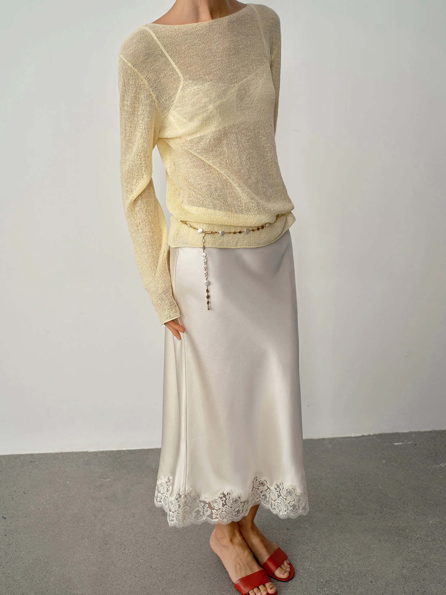 High Waist Lace A-Line  Skirt Acetate Satin Wrap Body Skirt Elastic Waist Simple Long Skirt for Women City Commute