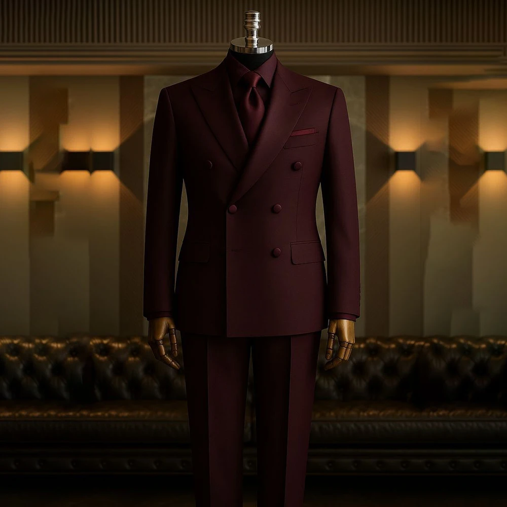 

Бордовые мужские костюмы по индивидуальному заказу, формальные двубортные костюмы с острым лацканом, облегающие комплекты из двух предметов, куртка и брюки, одежда высокого качества