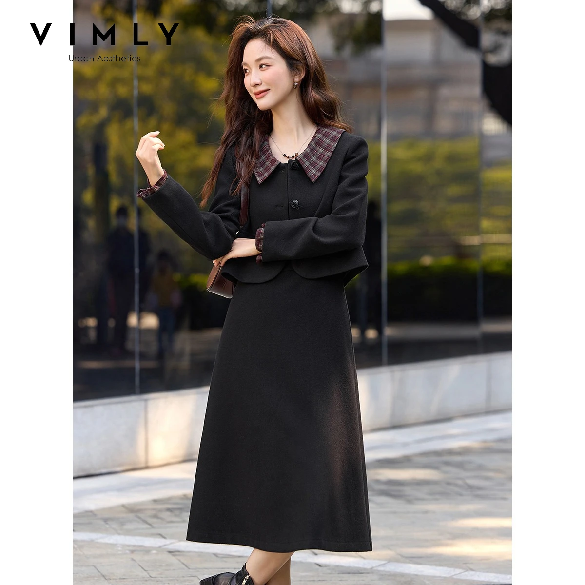 VIMLY Black Two-piece Set Women 2026 Autumn New Commuter Plaid Lapel Coat Long Skirt Fashion Office Lady Matching Outfit A3588