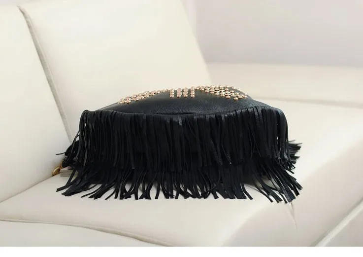 Punk Tassel Hobo Bags Large Black Handbags Fringe Leather Bag Designer Vintage Rivet Shoulder Bags Women Big Causal Handbag Soft