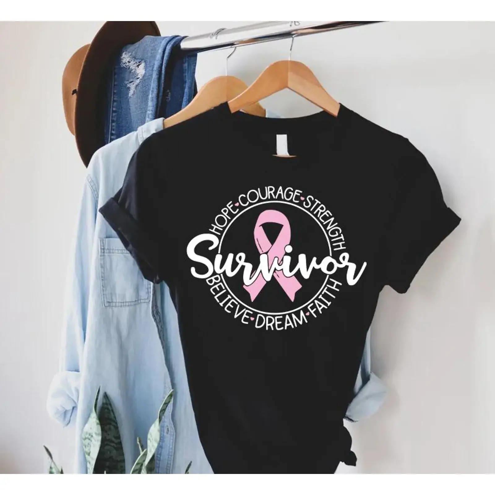 Pink Ribbon Breast Cancer Survivor T Shirt Hope Strength Courage vintage Washed Stylish streetwear Casual Versatile