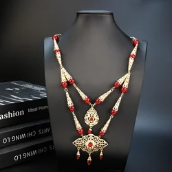 Chic Arabic Double Chain Necklace Round Stone Beaded Necklace Flower Pendant Gold Color Morocco Bride Wedding Jewelry