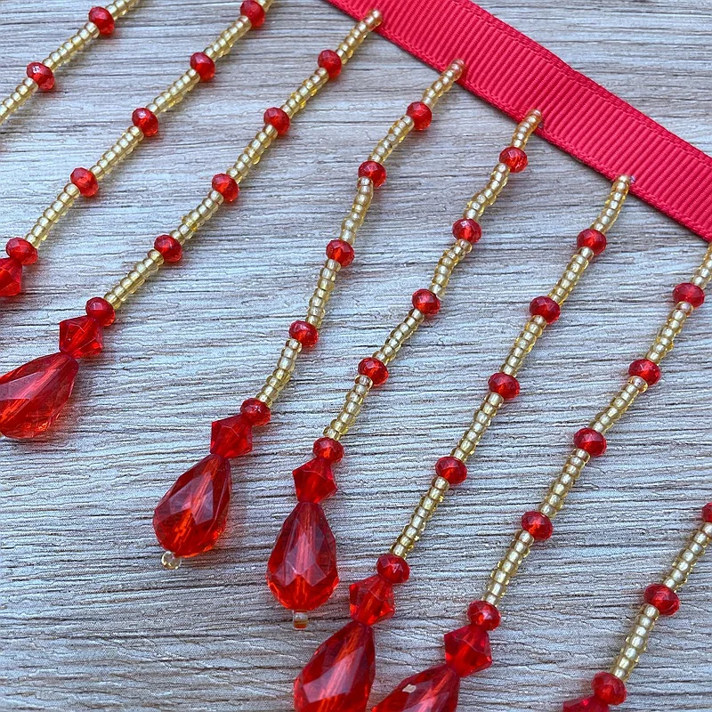 Handmade Red Glass Beaded Tassel Fringe Trim Ribbon for Wedding Dress Hanfu Party Grown DIY Sewing Craft Accessories Wholesale