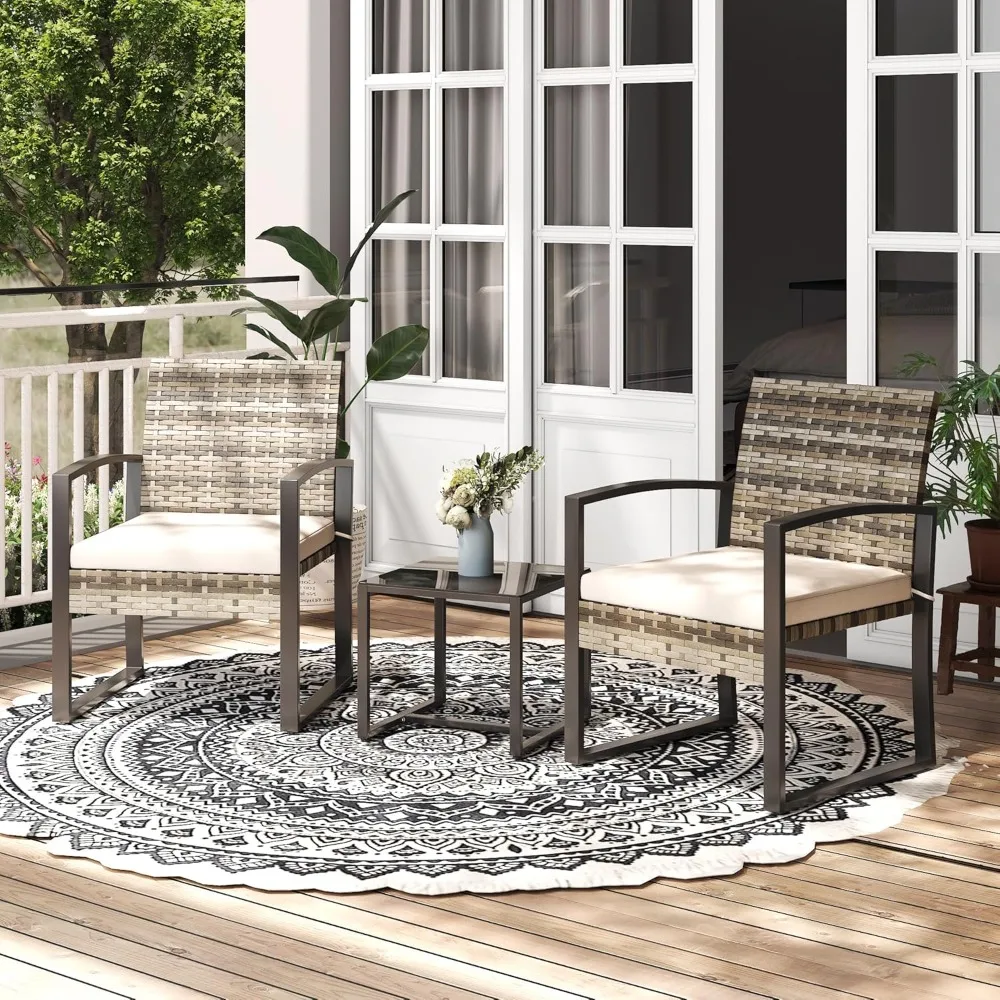 

3 Pieces Patio Furniture Set,with Coffee Table, Durable Steel Frame with Strapped Cushions, Outdoor Rattan Bistro Set