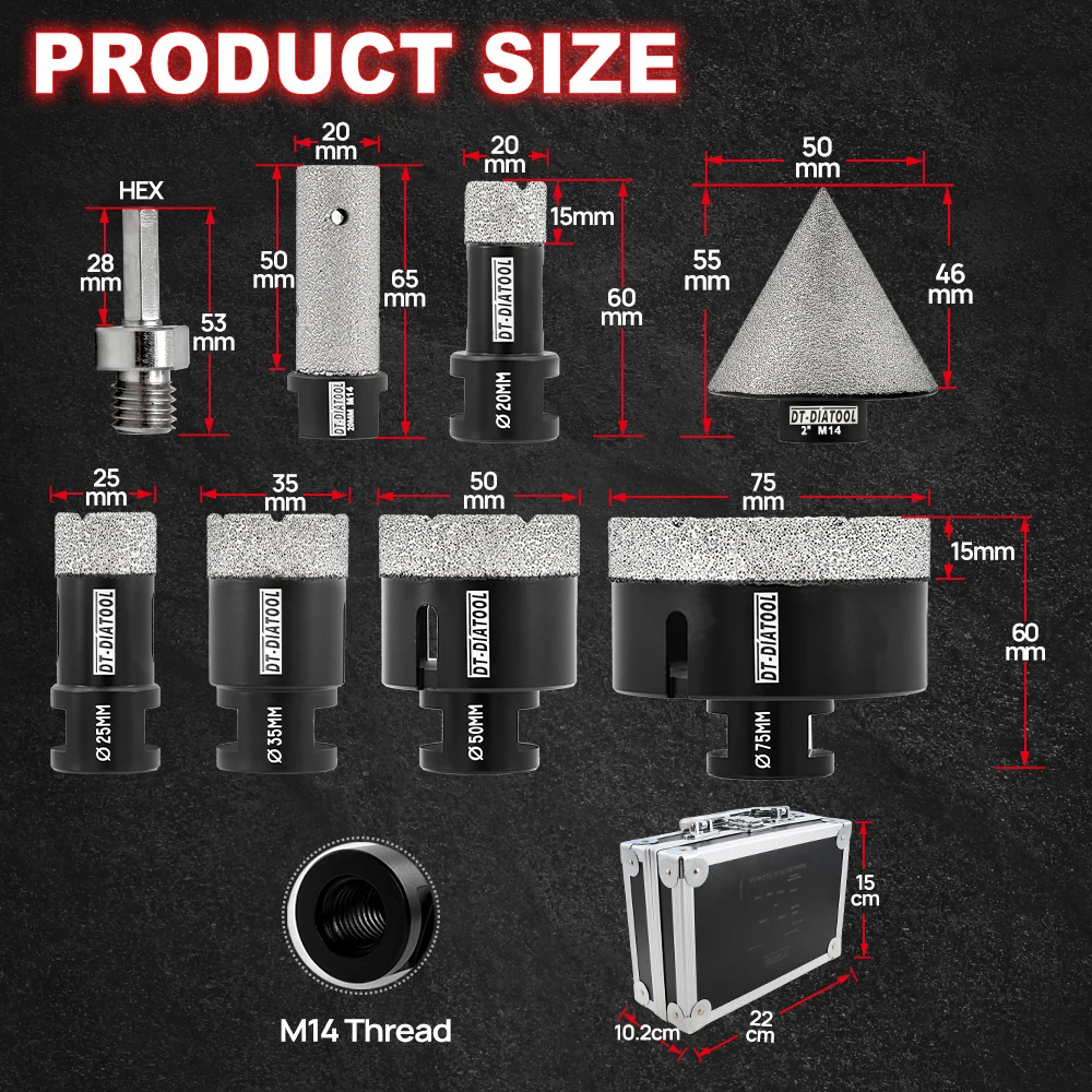 

DT-DIATOOL Diamond Drill Bit Core Bits 8pcs Drill Milling Chamfer M14 Thread for Porcelain Tile Granite Hole Saw