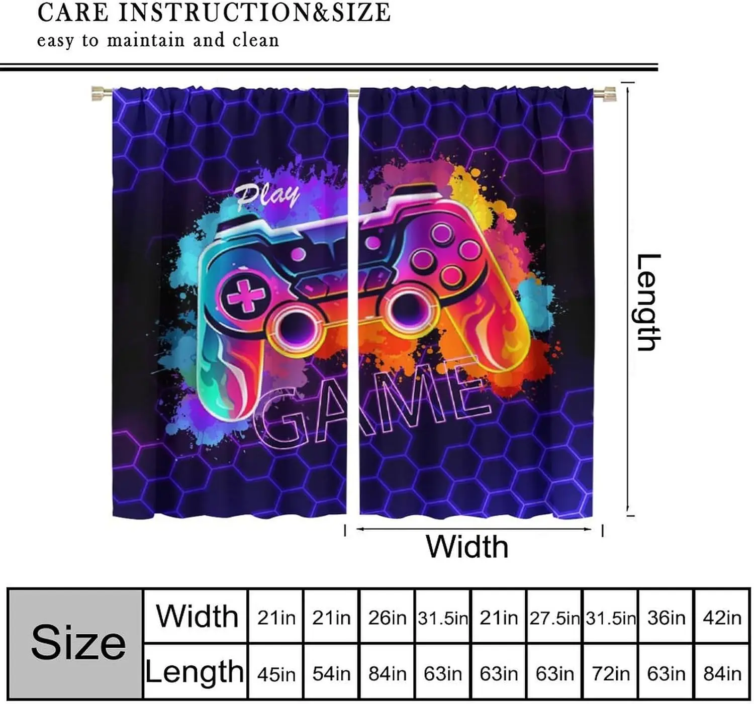 Gamer Neon Curtains, Gradient Glow Game Controller Paint Splatter Hexagonal Mesh Play Letter Print for Teen Gaming Room Interior
