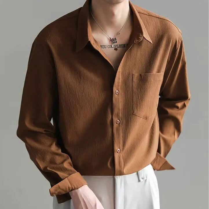 Mature Korean Style Handsome Long-sleeved Shirt Men's Loose Casual Wrinkle Draped Shirt Spring Top