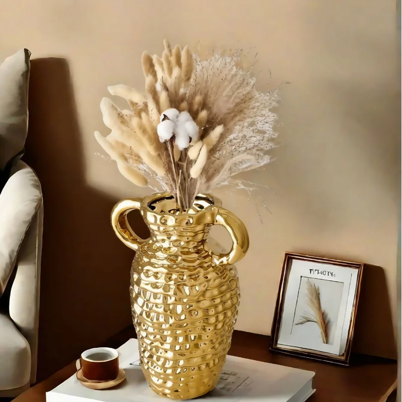 Creative Light Luxury Gold Hammered Texture Double Handle Vase for Living Room, Dining Table, Flower Arrangement, Dialogue Vase,
