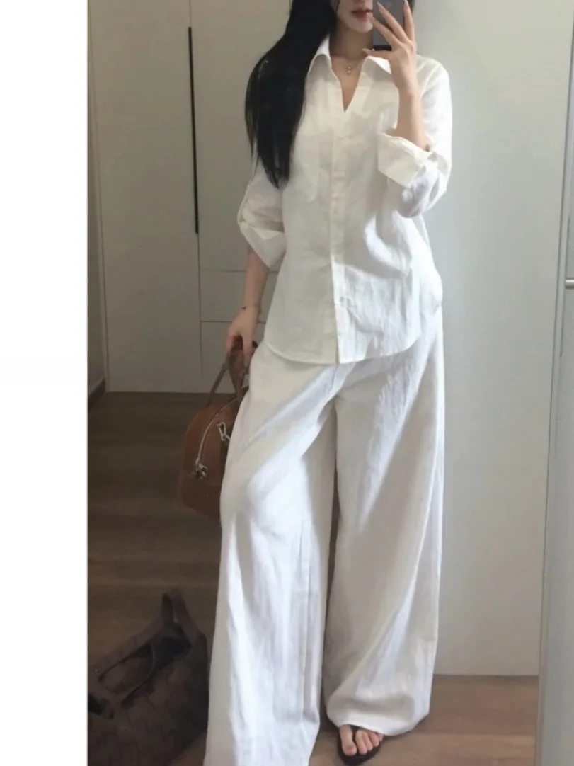 

Extended Size Loose Cotton Linen Set Women's Casual Sle Long Pants irt Two Piece Suit Autumn Season Comfortable Faion