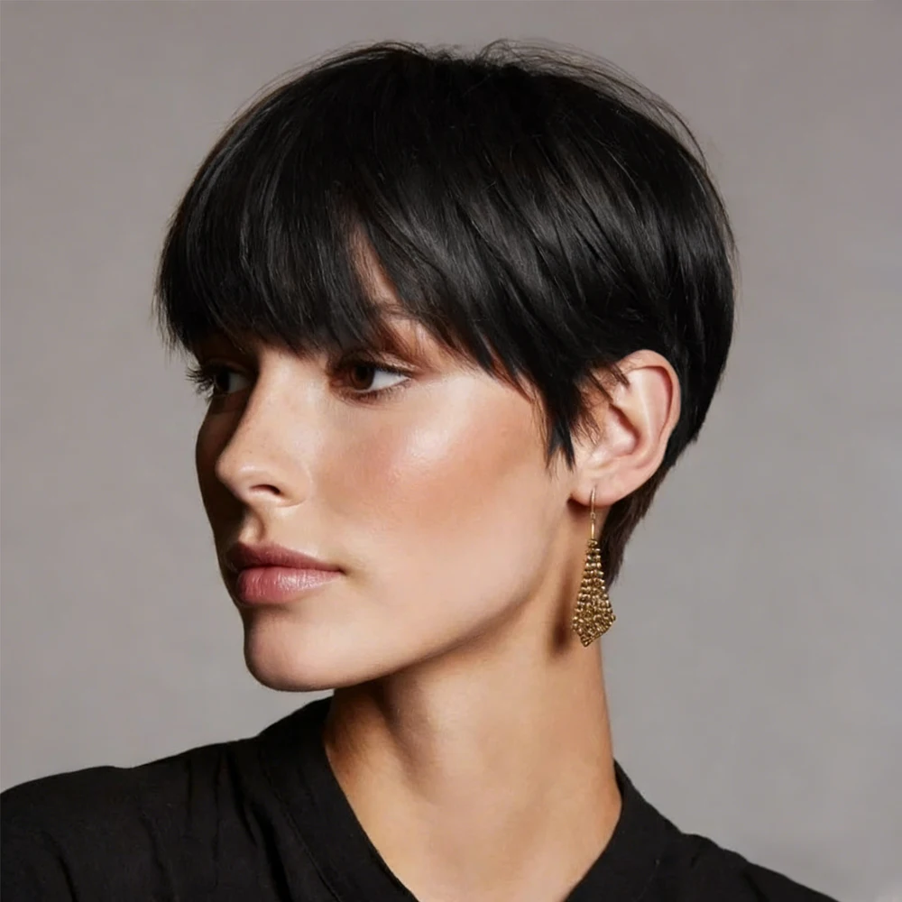 

Парик из натуральных волос, короткая стрижка пикси, цвет 1B # Прямой многослойный парик пикси-каре натурального черного цвета, полностью машинной работы, из натуральных человеческих волос