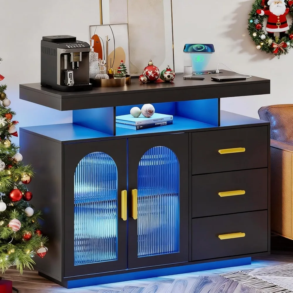 

LED Buffet Cabinet with Wirelesss Charging Station 40, Modern Sideboard Table with RGB 24 Colors Dimmable, Coffee Bar Station wi
