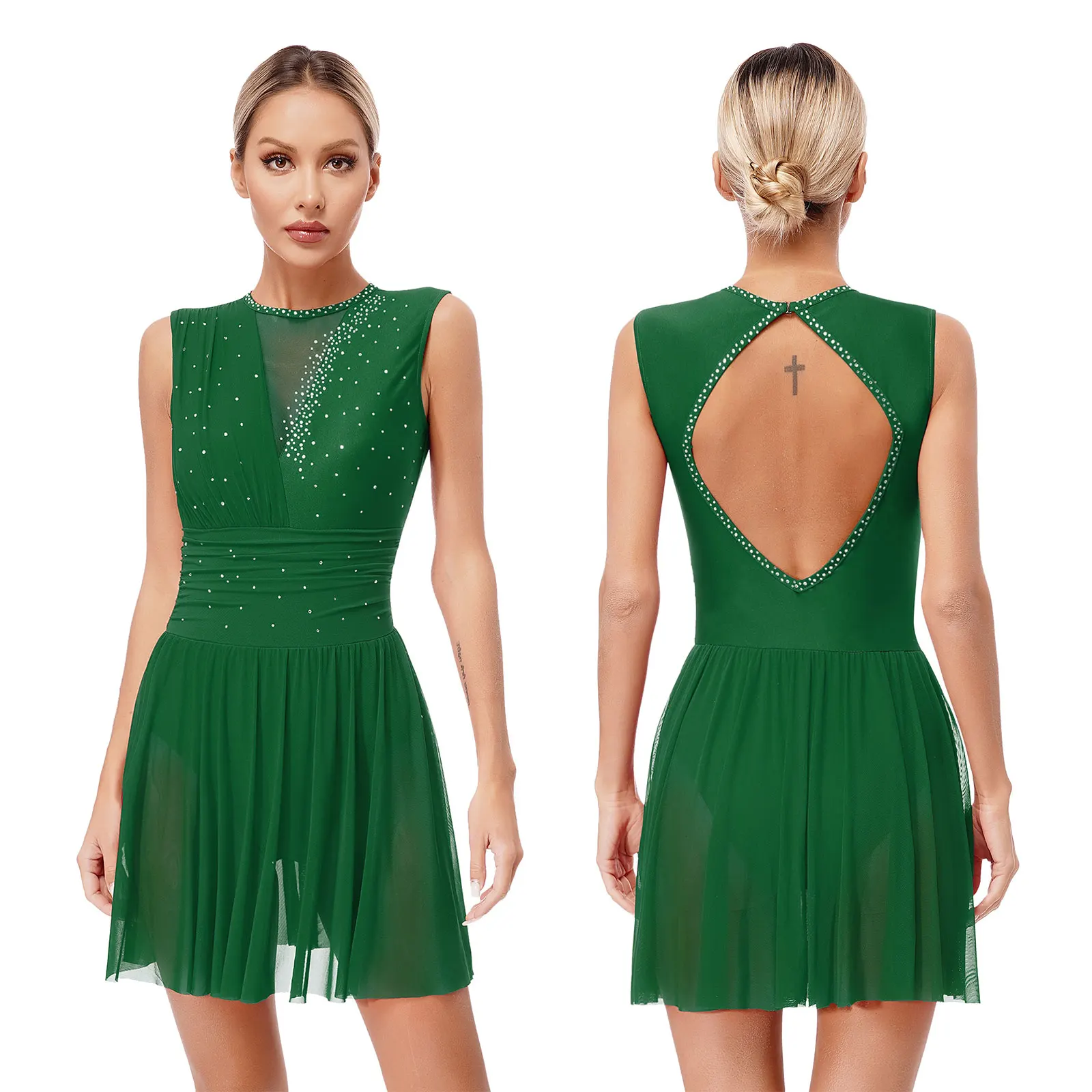 ‌ فستان أنيق لأداء الرقص اللاتيني التانغو للنساء، مزيج قابل للتمدد مع تطريز زهور للرقص الغنائي للتزلج على الجليد