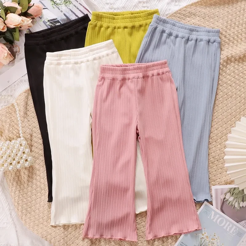 Children Summer Solid Color Thin Ribbed Knit Flared Pants Girls Casual Trousers Korea Fashion Pants Girl Princess Style Pantalon