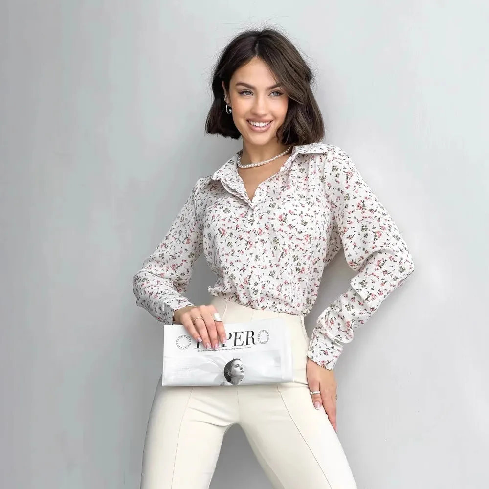 

Spring Ladies Elegant Floral Leaf Shirt Print Fashion Women Long Sleeve Blouse Simple Casual Work Tops