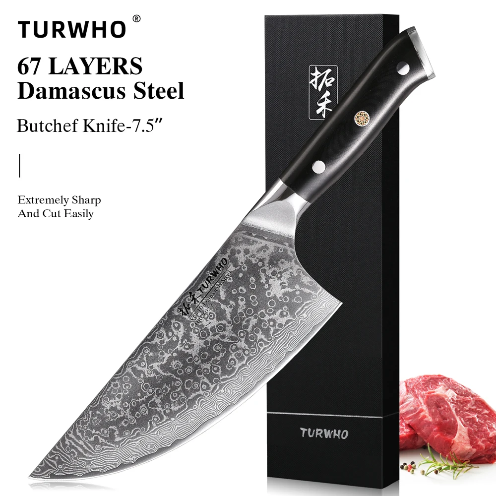 

TURWHO 7.5" Butcher Knife Damascus Steel Sharp Cleaver Slicer Chopper Meat Cooking Tools G10 Handle Japanese Kitchen Chef Knives
