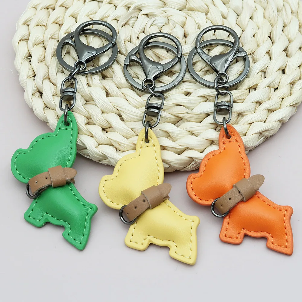 Creative Mini French Bulldog Puppy Keychain Car Pendant Leather Handmade Car Hanging Ornament Fully Hand Sewn