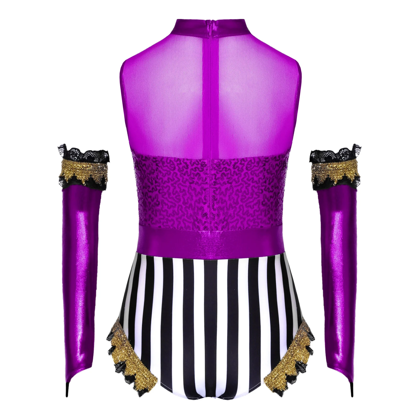 Zirkus-Overall für Mädchen, 2-teilig, ärmellos, Spitze, goldfarbenes Gurtband, Pailletten, Body + glänzende metallische Over-Sleeve-Halloween-Cosplay-Kostüme