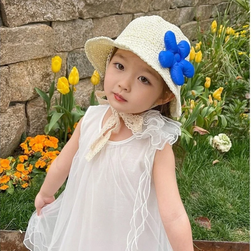 Ins Children's Hat Hand-woven Sun Hat Girl 3d Three-dimensional Flower Woven Foldable Straw Hat Sunshade Fisherman Hat