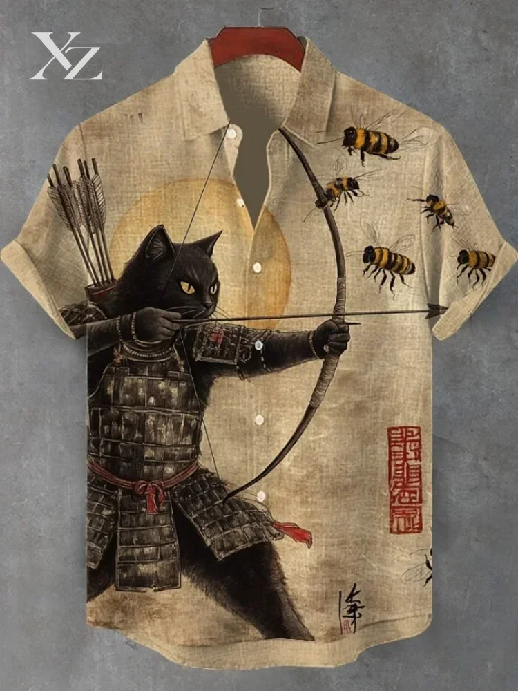 Men's Retro Khaki Japanese Kyudo Print Shirt Black Cat Tribal Warrior Short Sleeve Lapel Single Breast Oversized Tunic