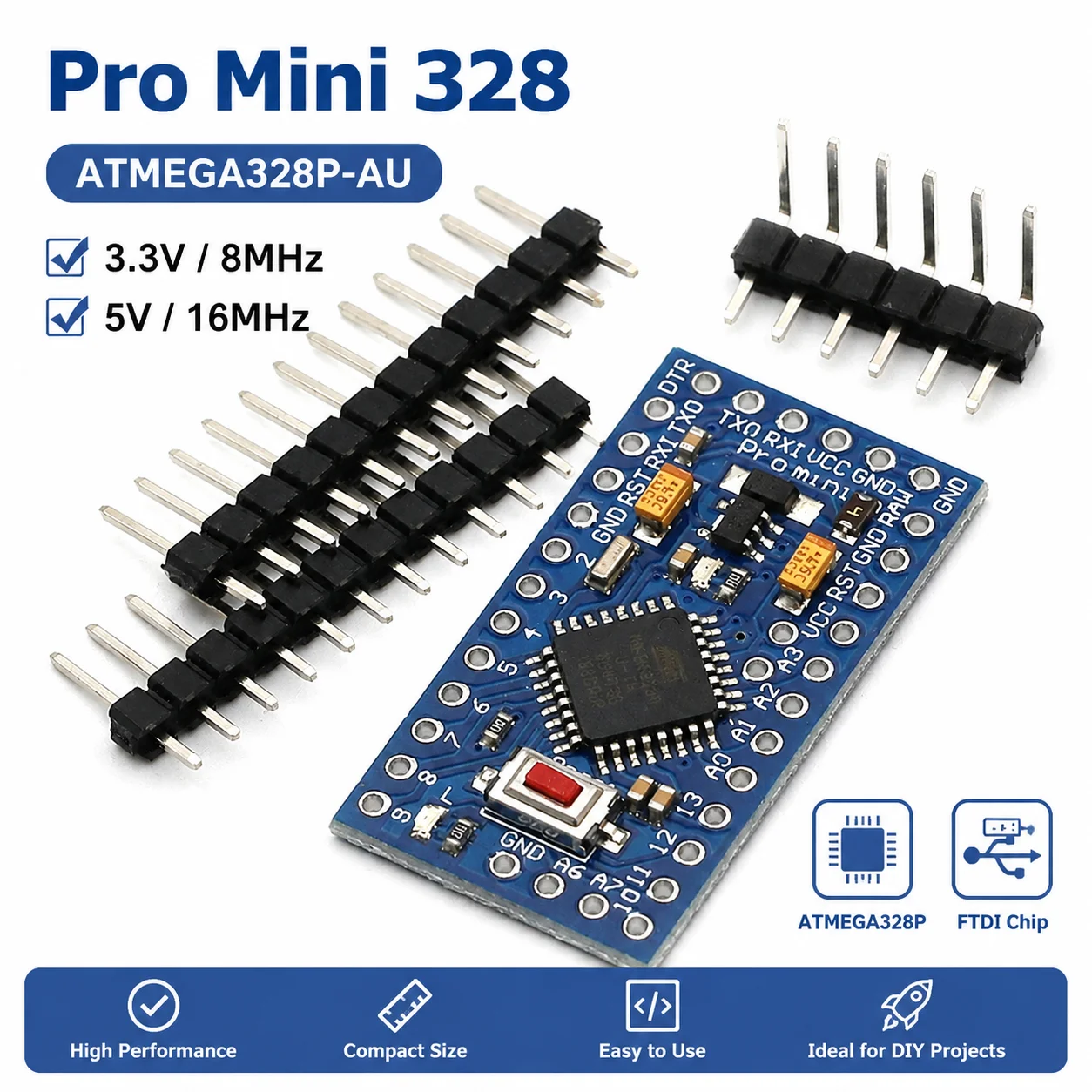 Pro Mini 328 ATMEGA328P-AU Development Board 3.3V 8MHz / 5V 16MHz Microcontroller Module Compatible with Arduino, ATMEGA168P, DI